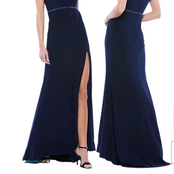 Mac Duggal Navy Blue Crystal Belt Jersey Gown 18 - Picture 13 of 16
